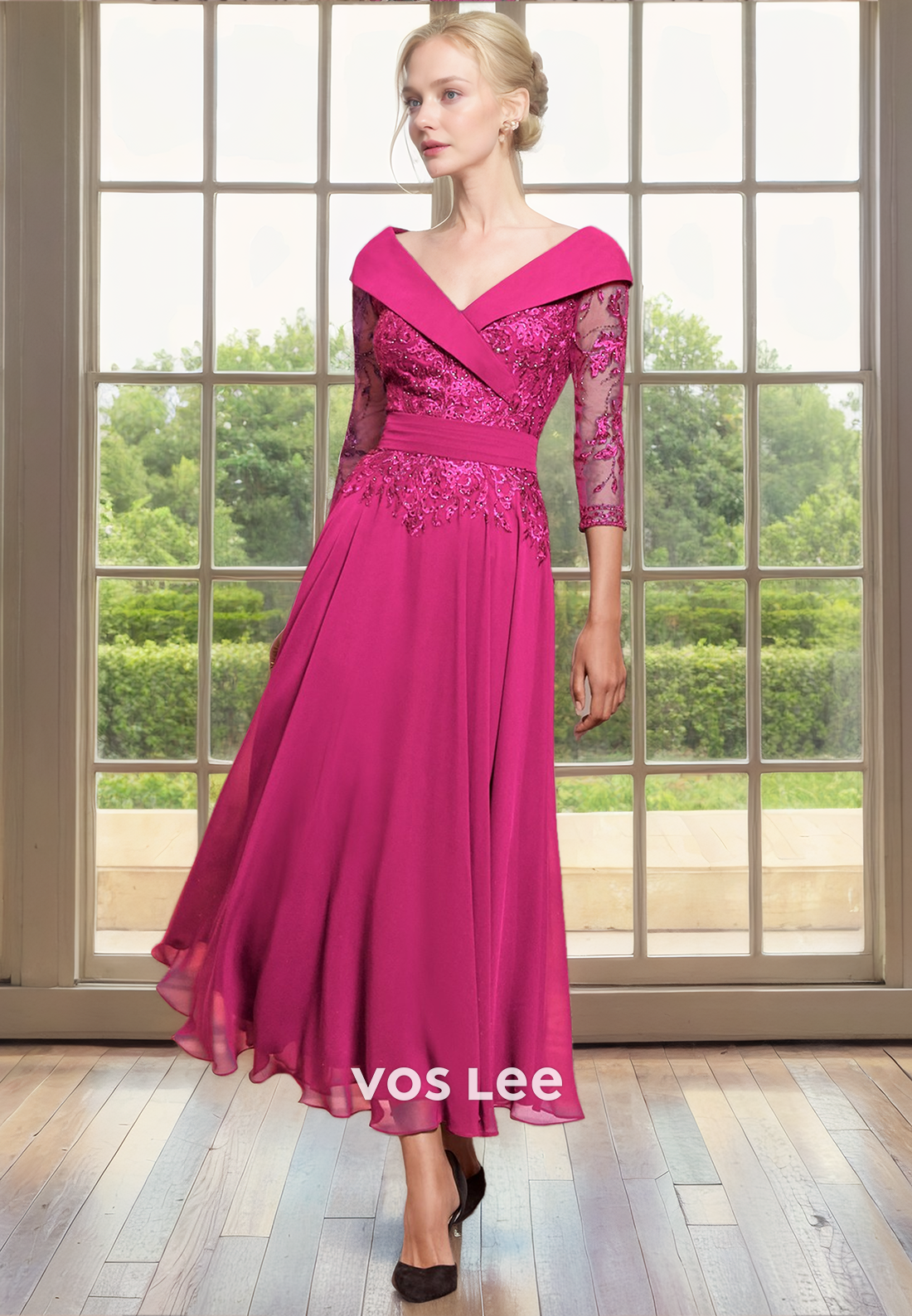 Ornate A-Line V Neck Lone Sleeves Tea Length Sequins Satin Mother of the Party Dress