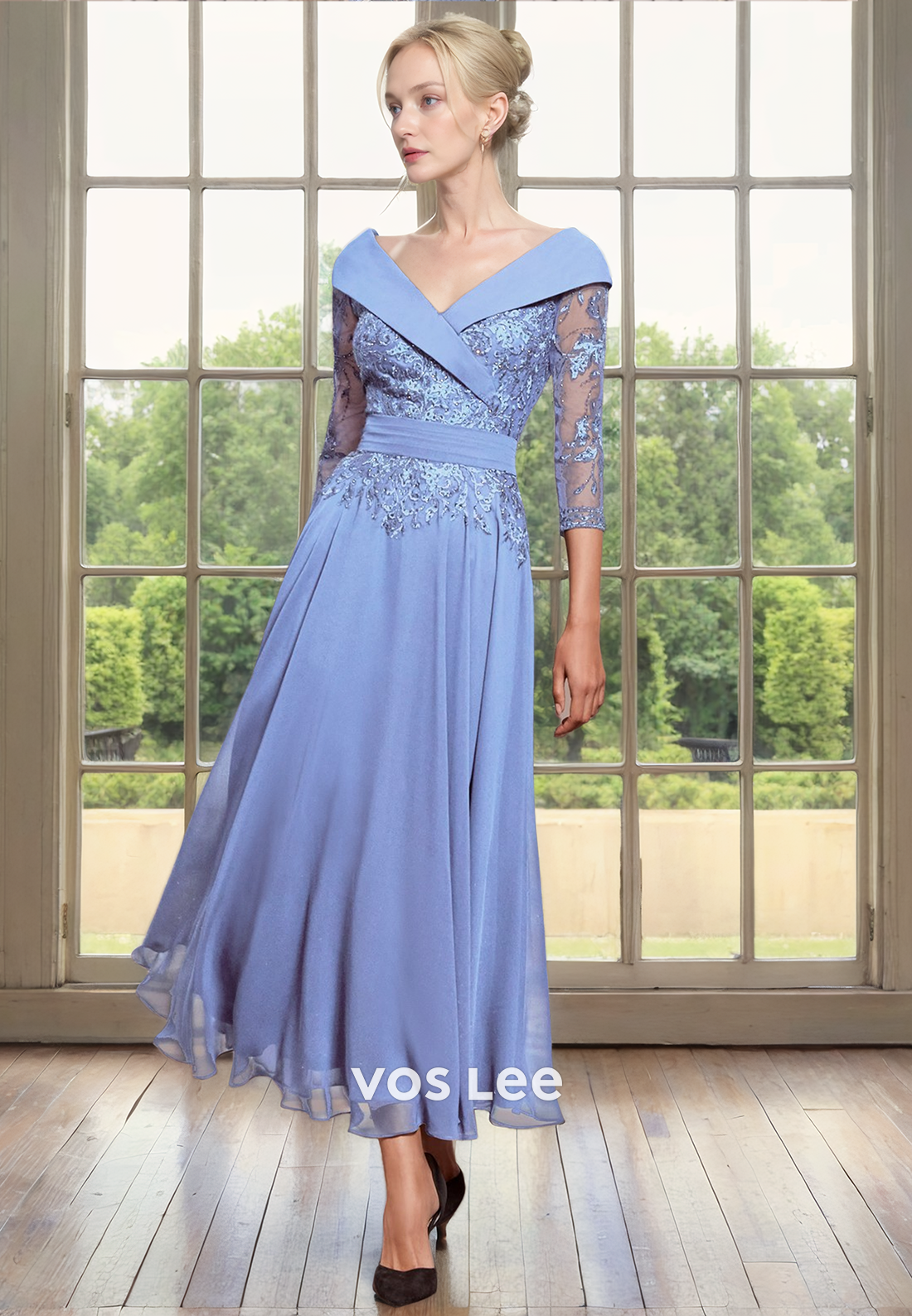 Ornate A-Line V Neck Lone Sleeves Tea Length Sequins Satin Mother of the Party Dress