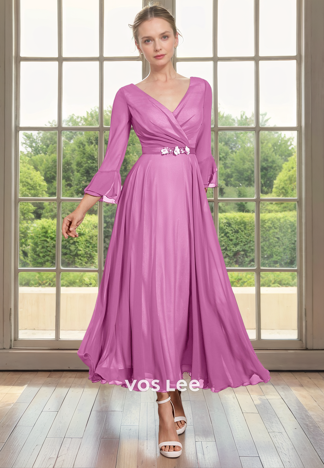 Vintage V Neck Long Sleeves A-Line 3D Flower Tea Length Tulle Mother of the Evening Dress