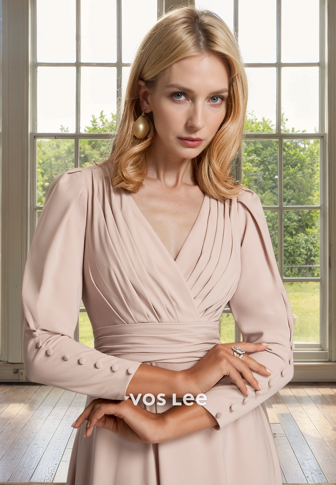 Simple A-Line V Neck Tea Length Long Sleeves Ruched Satin Mother of the Formal Dress