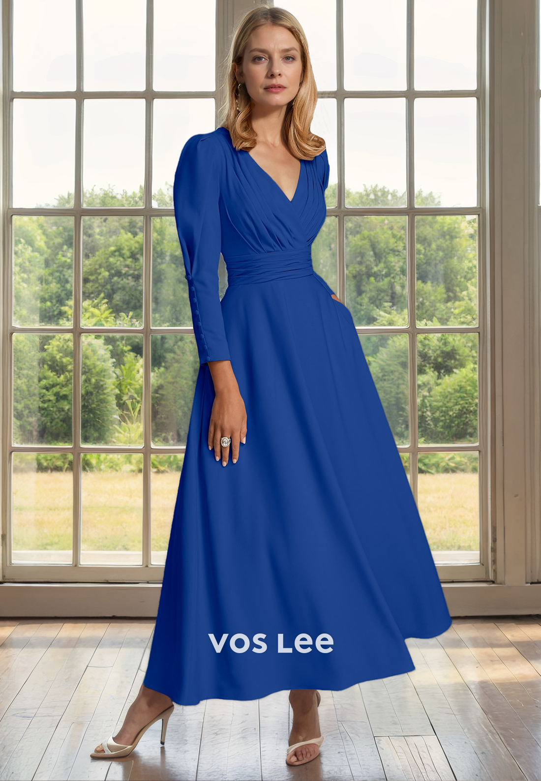 Simple A-Line V Neck Tea Length Long Sleeves Ruched Satin Mother of the Formal Dress