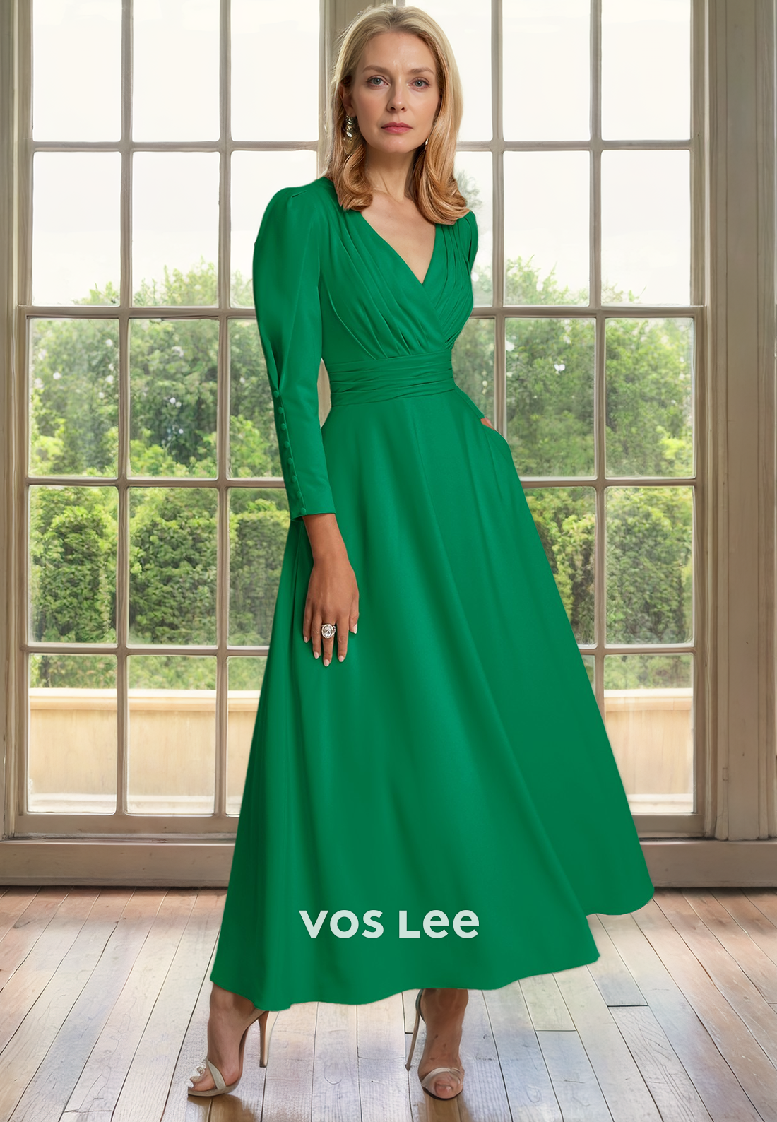 Simple A-Line V Neck Tea Length Long Sleeves Ruched Satin Mother of the Formal Dress