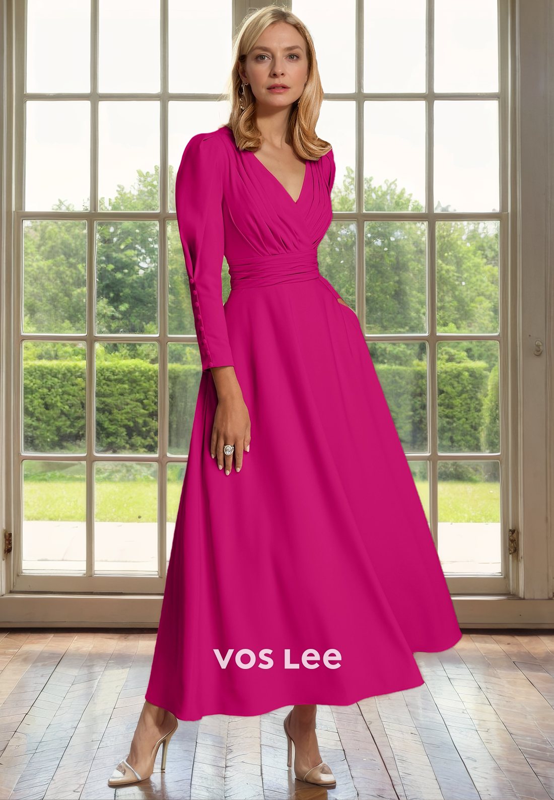 Simple A-Line V Neck Tea Length Long Sleeves Ruched Satin Mother of the Formal Dress