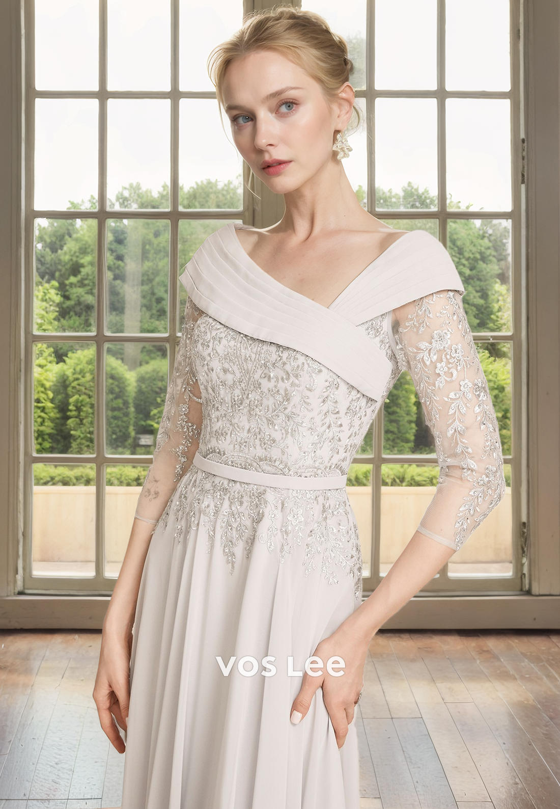 Modest A-Line Half Sleeves Lace Appliques V Neck Draped Satin Mother of the Bride Dress