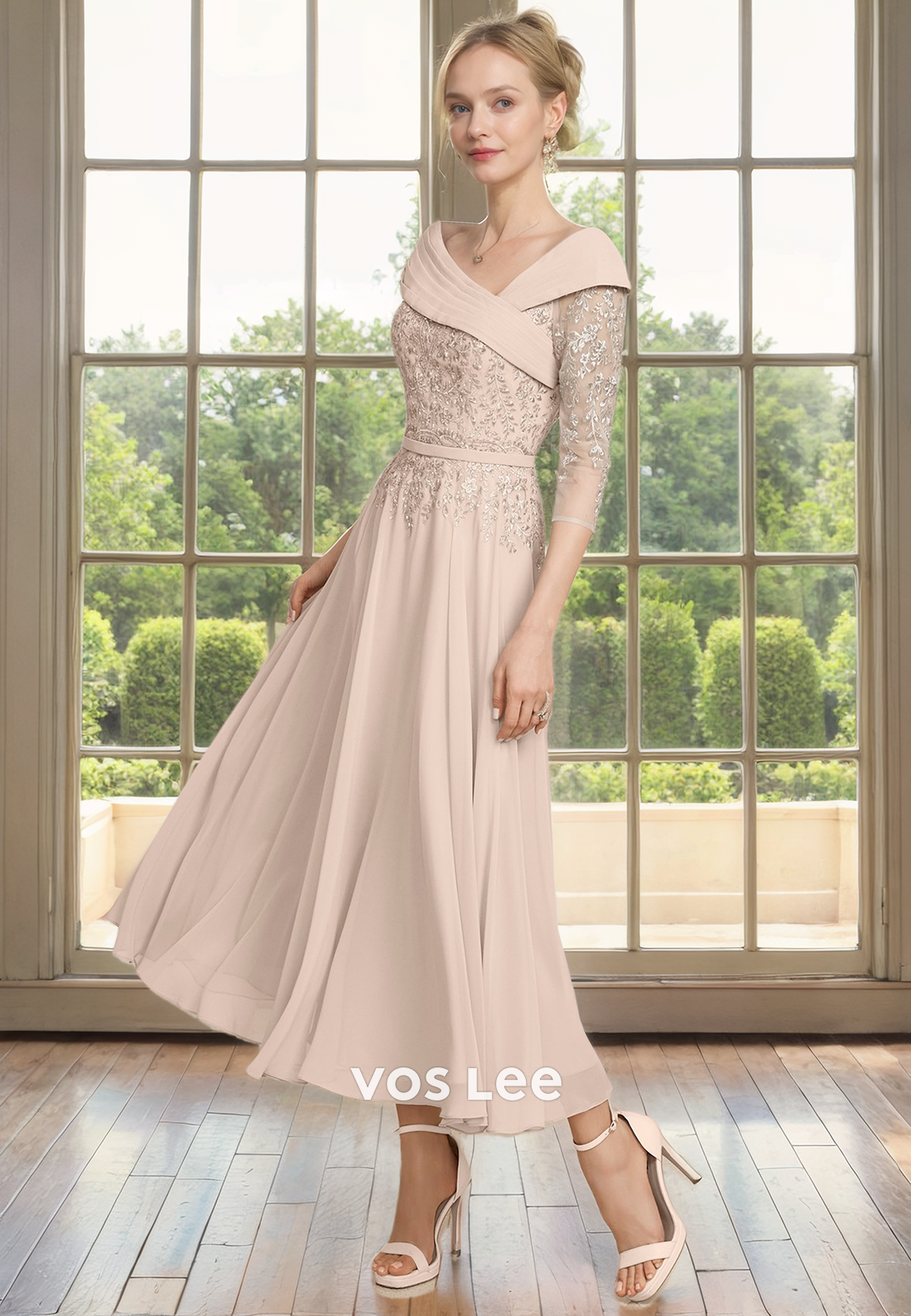 Modest A-Line Half Sleeves Lace Appliques V Neck Draped Satin Mother of the Bride Dress