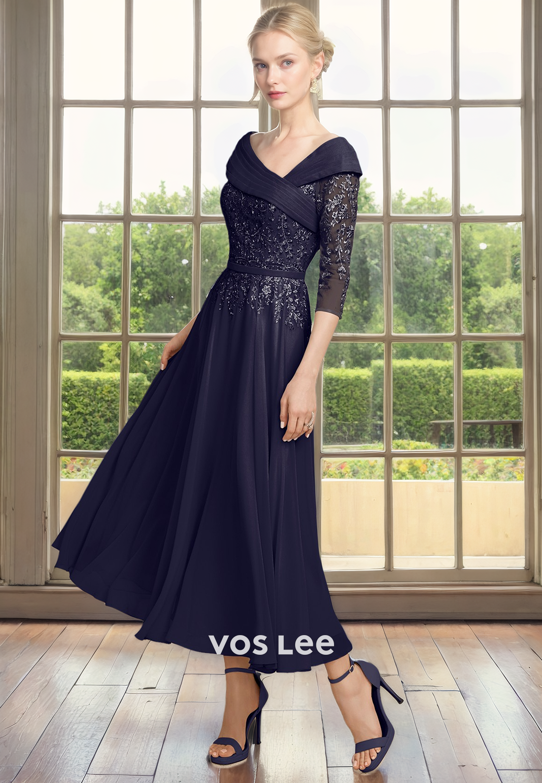 Modest A-Line Half Sleeves Lace Appliques V Neck Draped Satin Mother of the Bride Dress