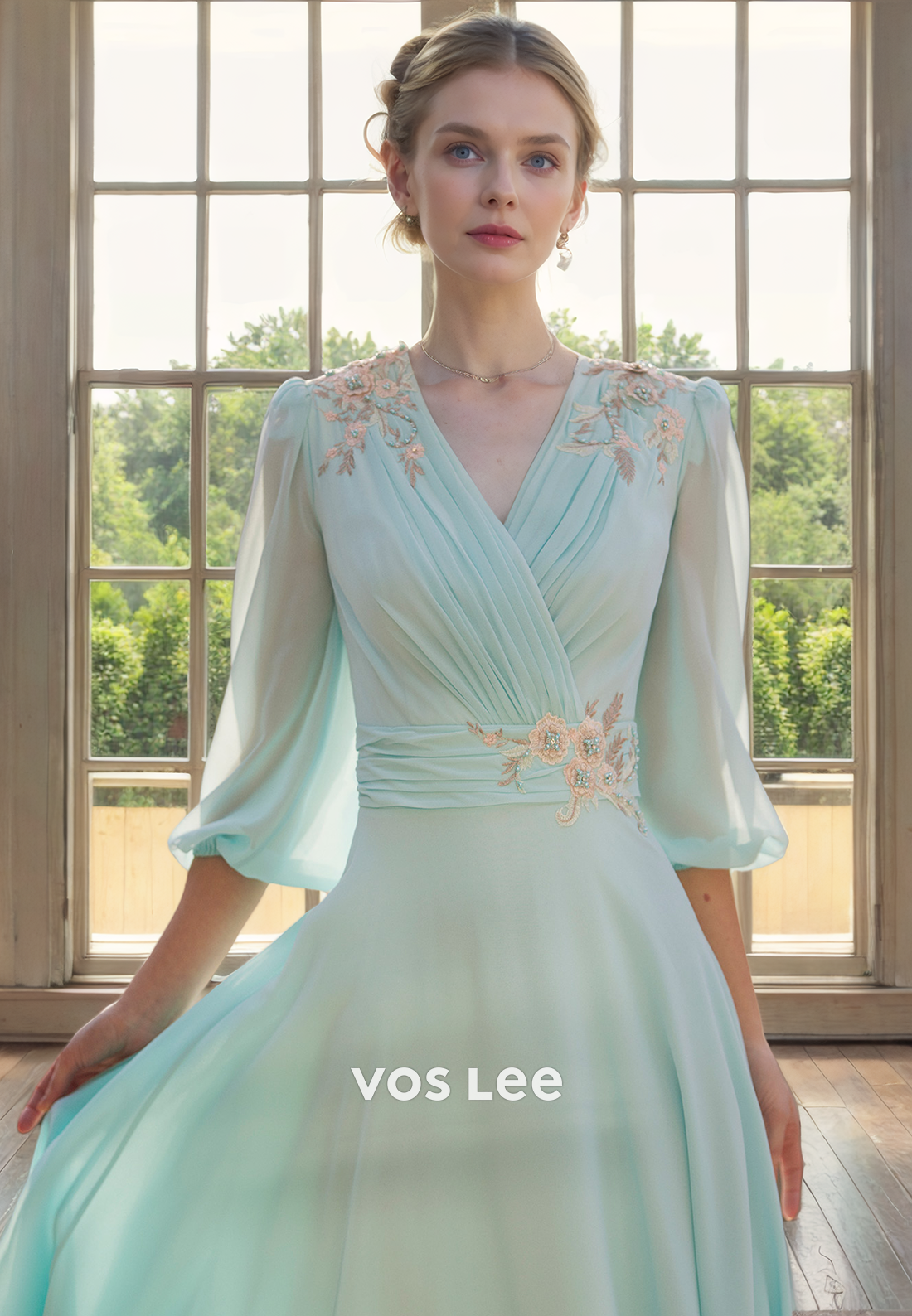 Elegant A-Line V Neck Long Sleeves Tea Length Beaded Pleated Satin Mother of the Bride Dress
