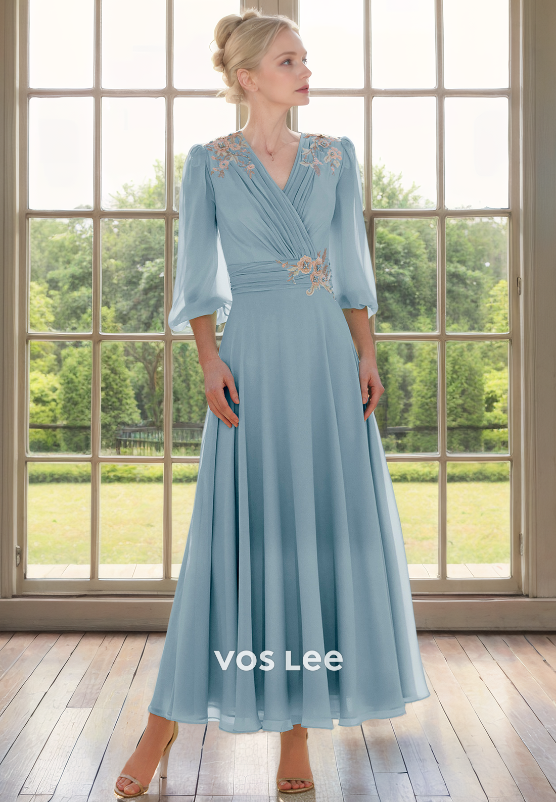 Elegant A-Line V Neck Long Sleeves Tea Length Beaded Pleated Satin Mother of the Bride Dress