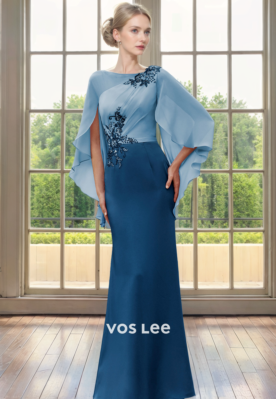 Modest Sheath Bateau Long Sleeves Floor Length Beaded Satin Mother of the Evening Dress