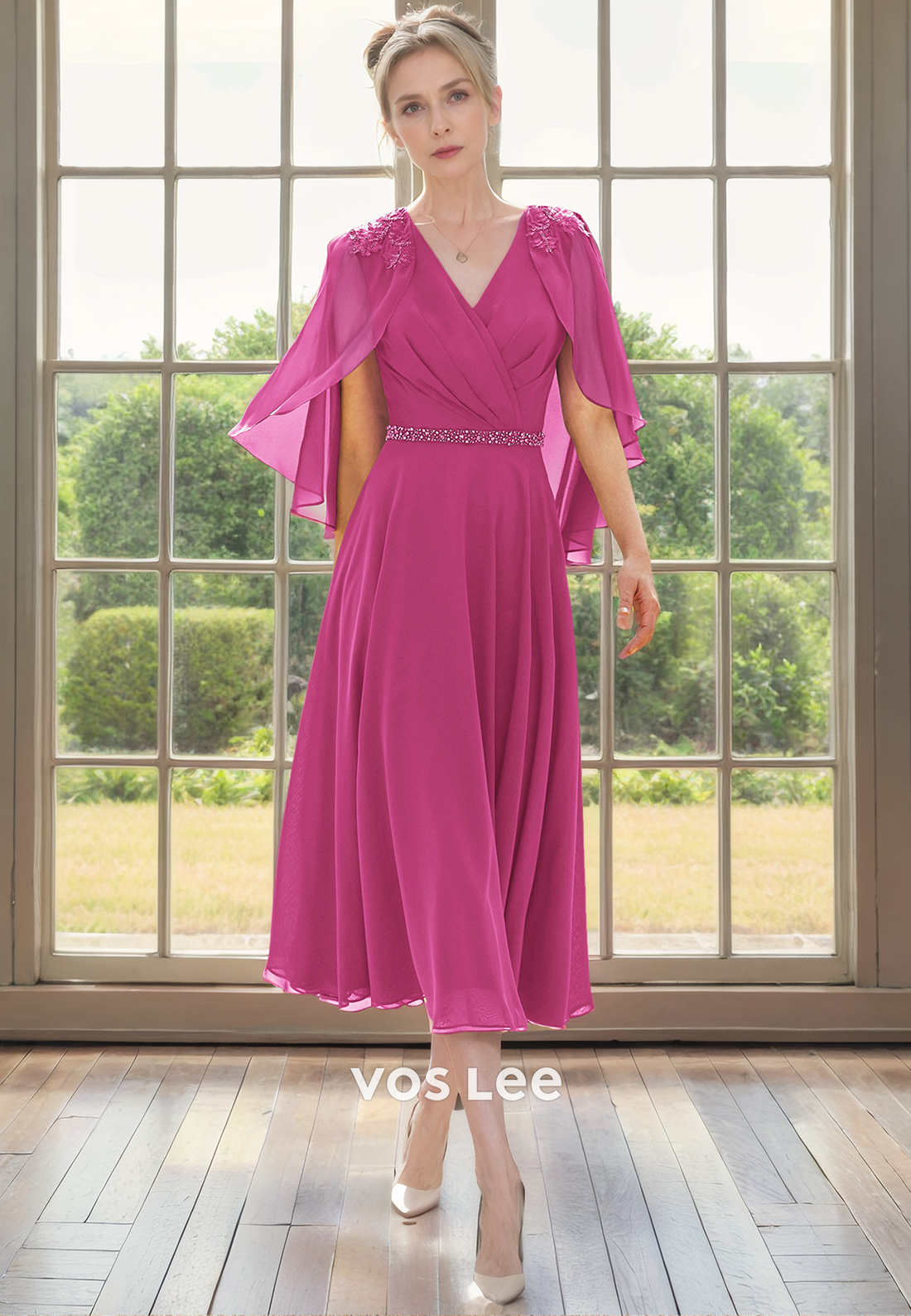 Simple A-Line V Neck Back Zipper Tea Length Sequins Ruched Satin Mother of the Bride Dress