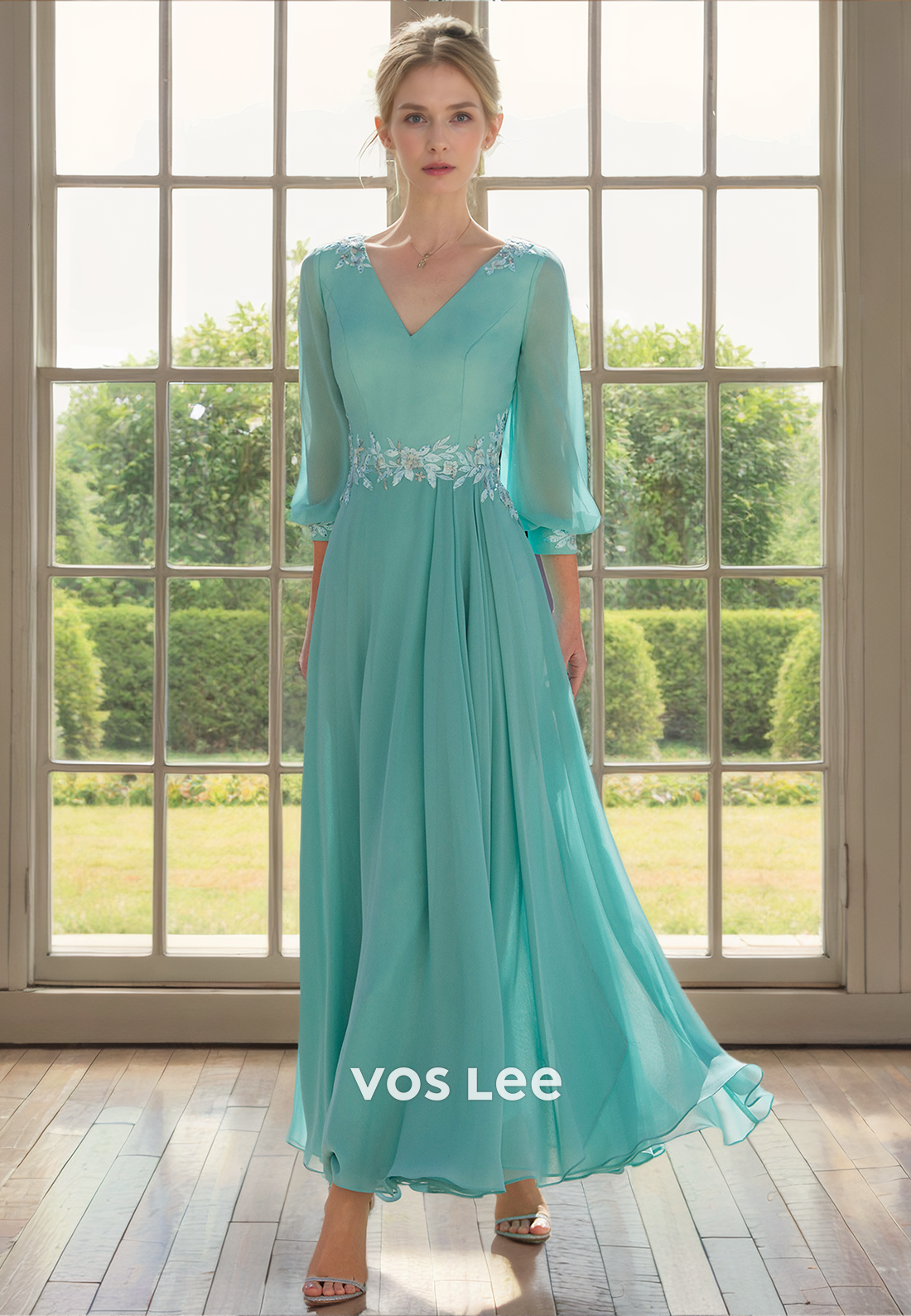 Unqiue A-Line Half Sleeves V Neck Back Zipper Tea Length Sequins Mother of the Bride Dress