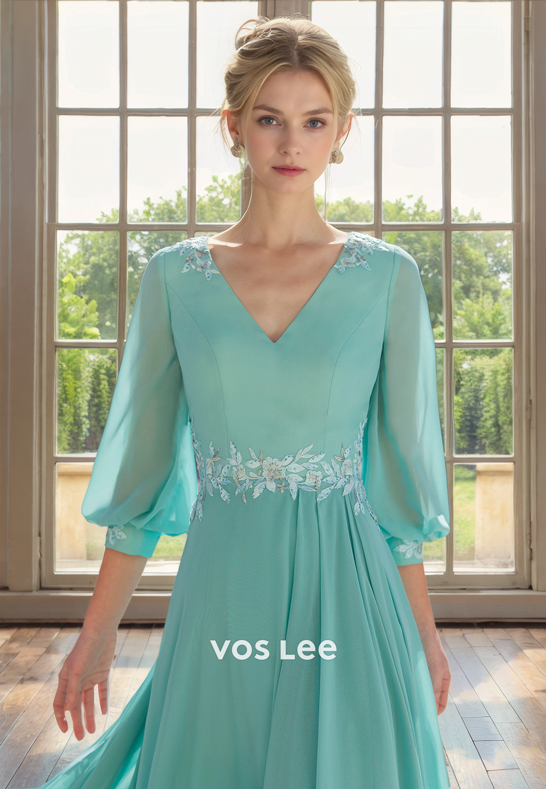Unqiue A-Line Half Sleeves V Neck Back Zipper Tea Length Sequins Mother of the Bride Dress