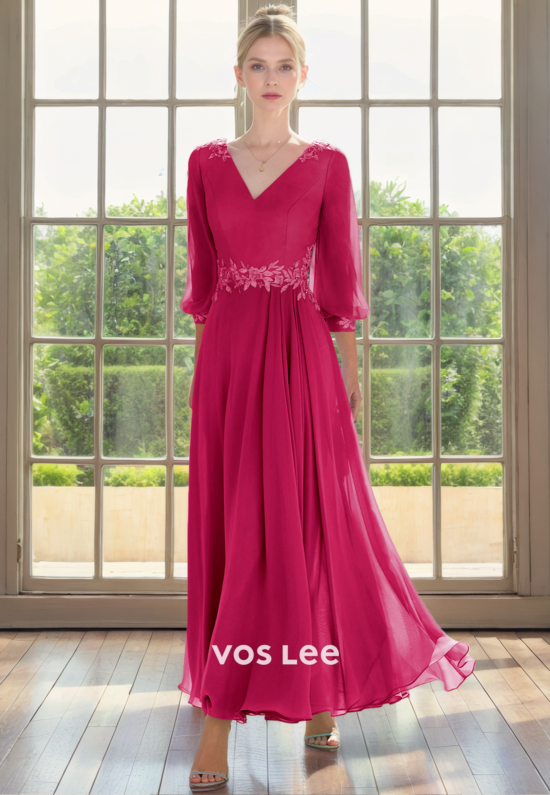 Unqiue A-Line Half Sleeves V Neck Back Zipper Tea Length Sequins Mother of the Bride Dress