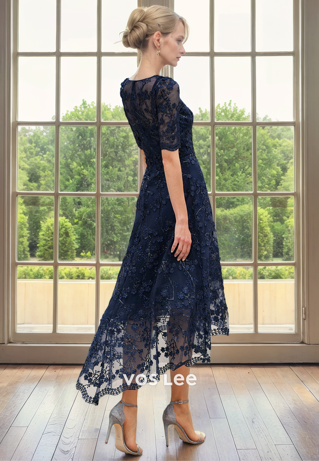Charming High Low Bateau Half Sleeves Lace Appliques Mother of the Bride Dress
