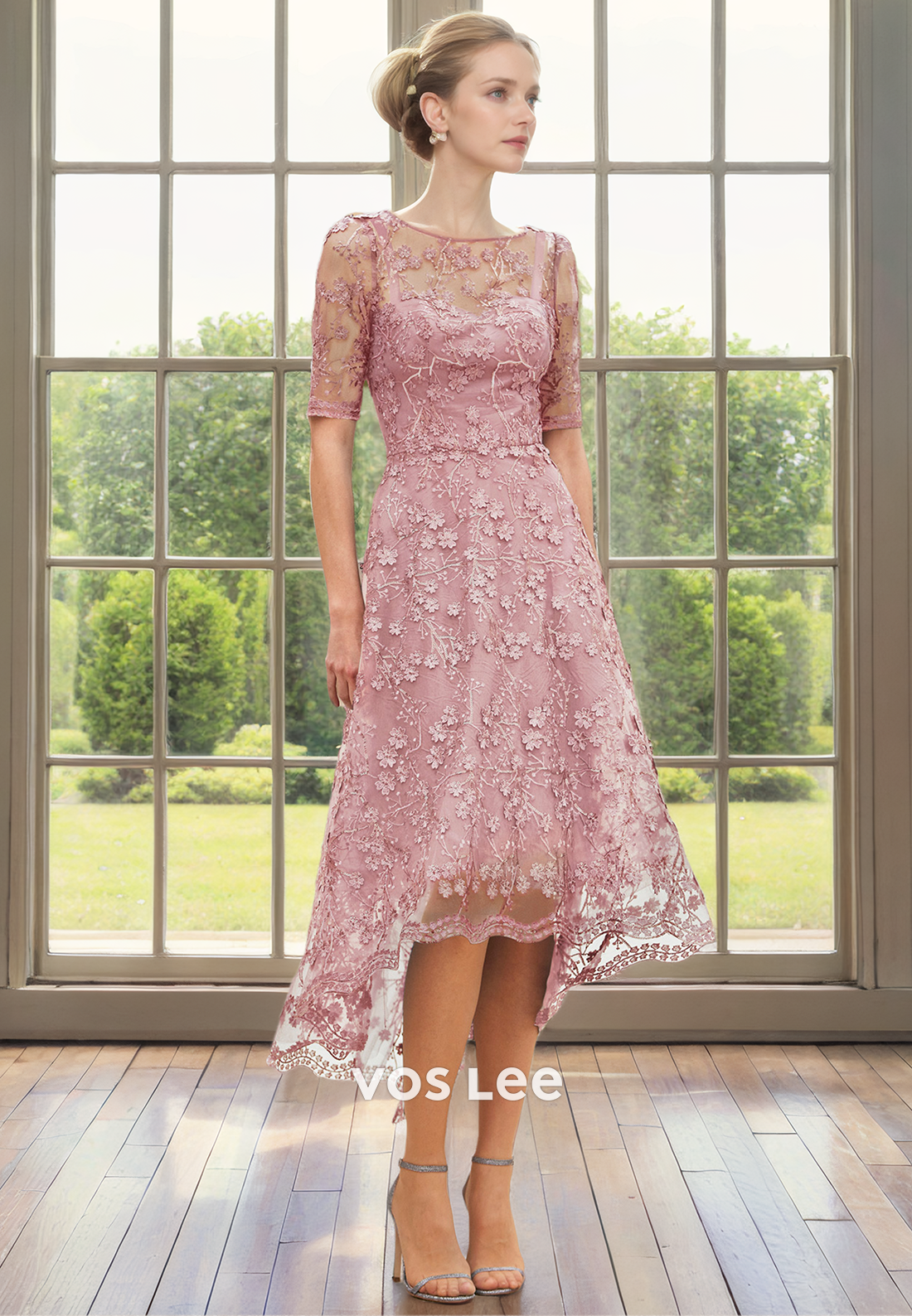 Charming High Low Bateau Half Sleeves Lace Appliques Mother of the Bride Dress