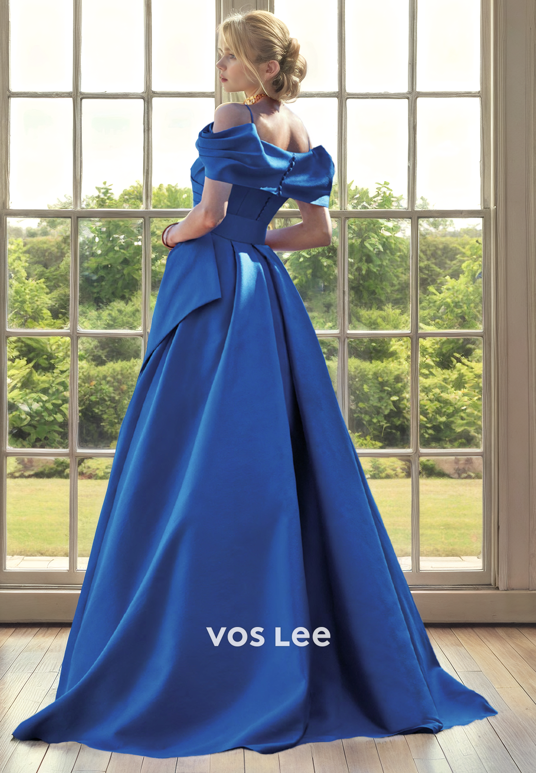 A-Line V-Neck Off Shoulder Sweep Train Satin Mother of the Bride Dress/Cocktail Dress