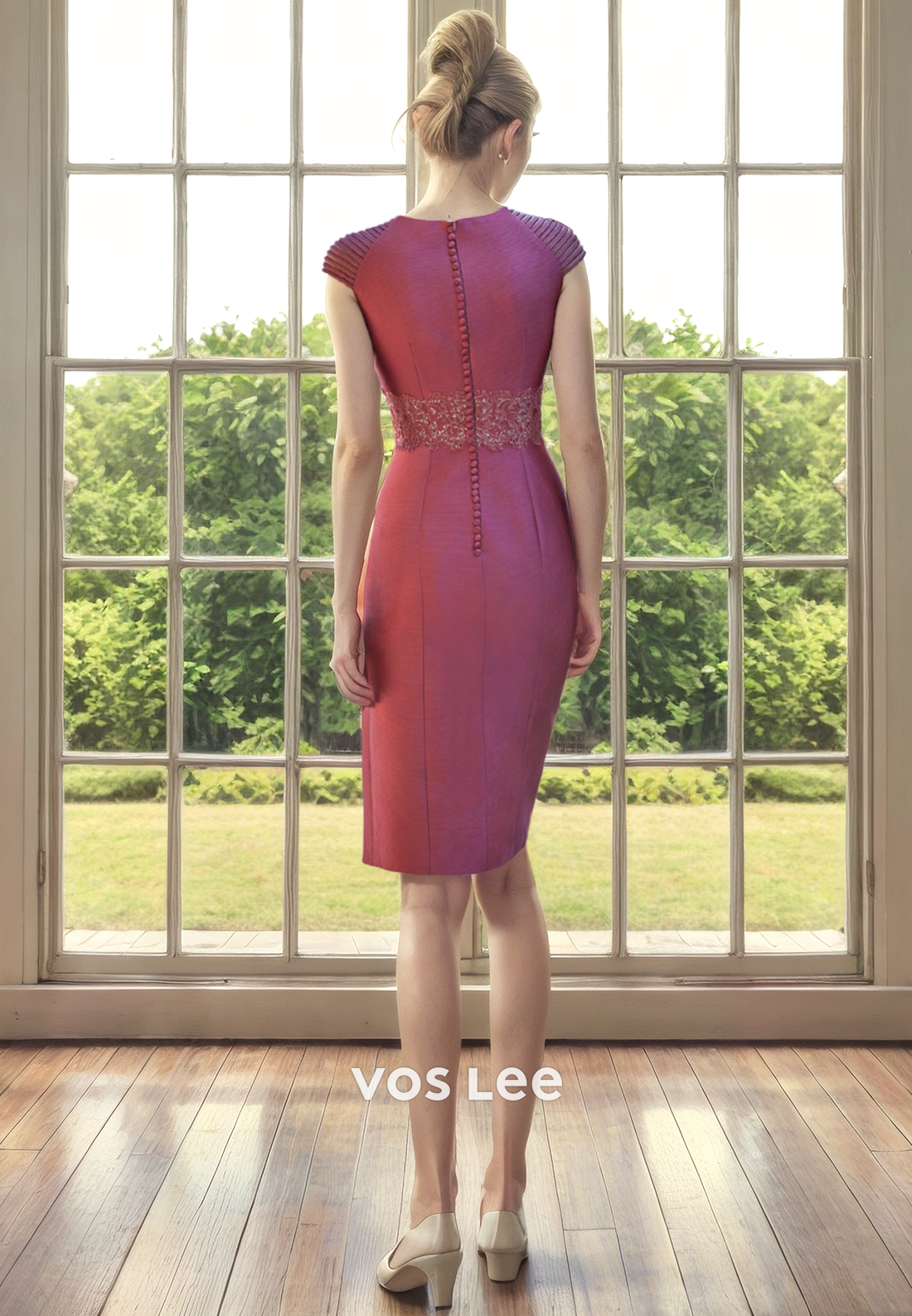 Short Sheath/Column Bateau Cap Sleeves Knee-Length Mother of the Bride Dress/Cocktail Dress with Appliques