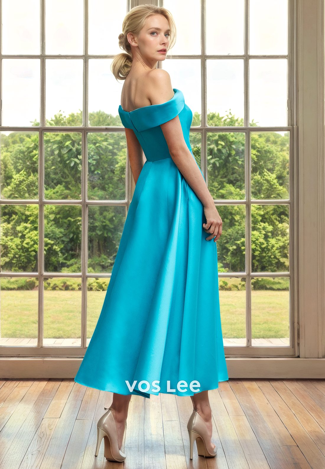 A-Line Off Shoulder Sleeveless Tea-Length Mother of the Bride Dress/Cocktail Dress