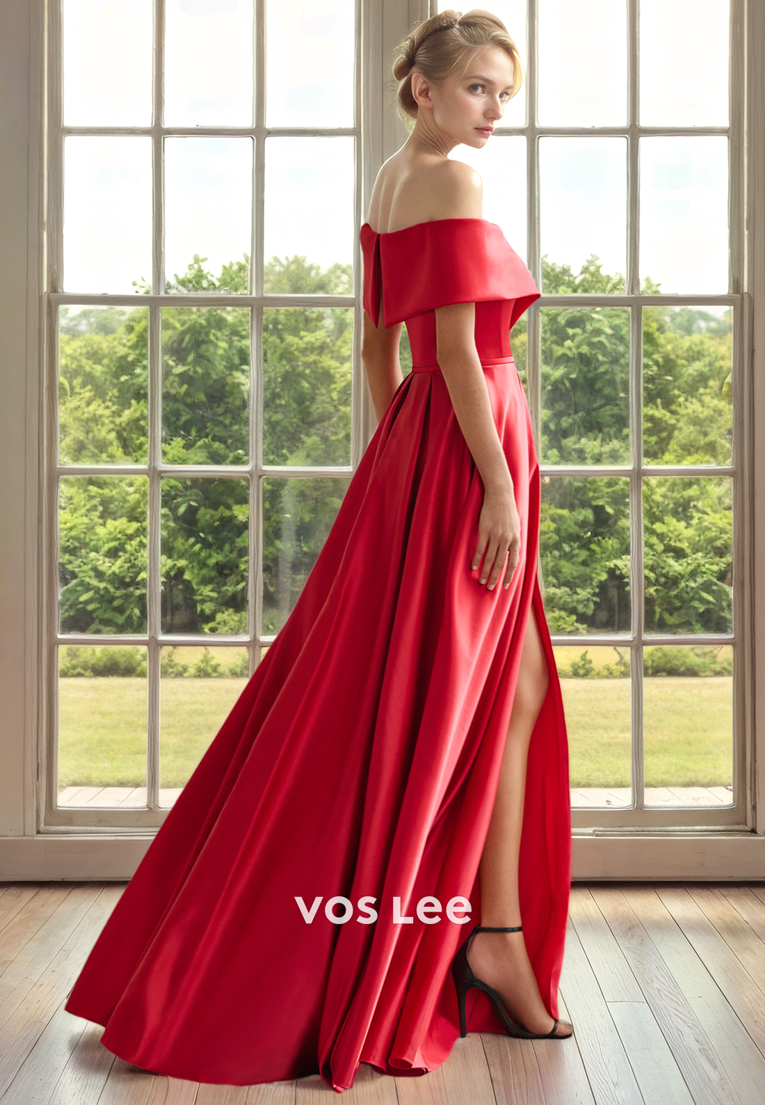 A-Line Floor Length Satin Mother of the Bride Dress Off-Shoulder Elegant Formal Cocktail Dress