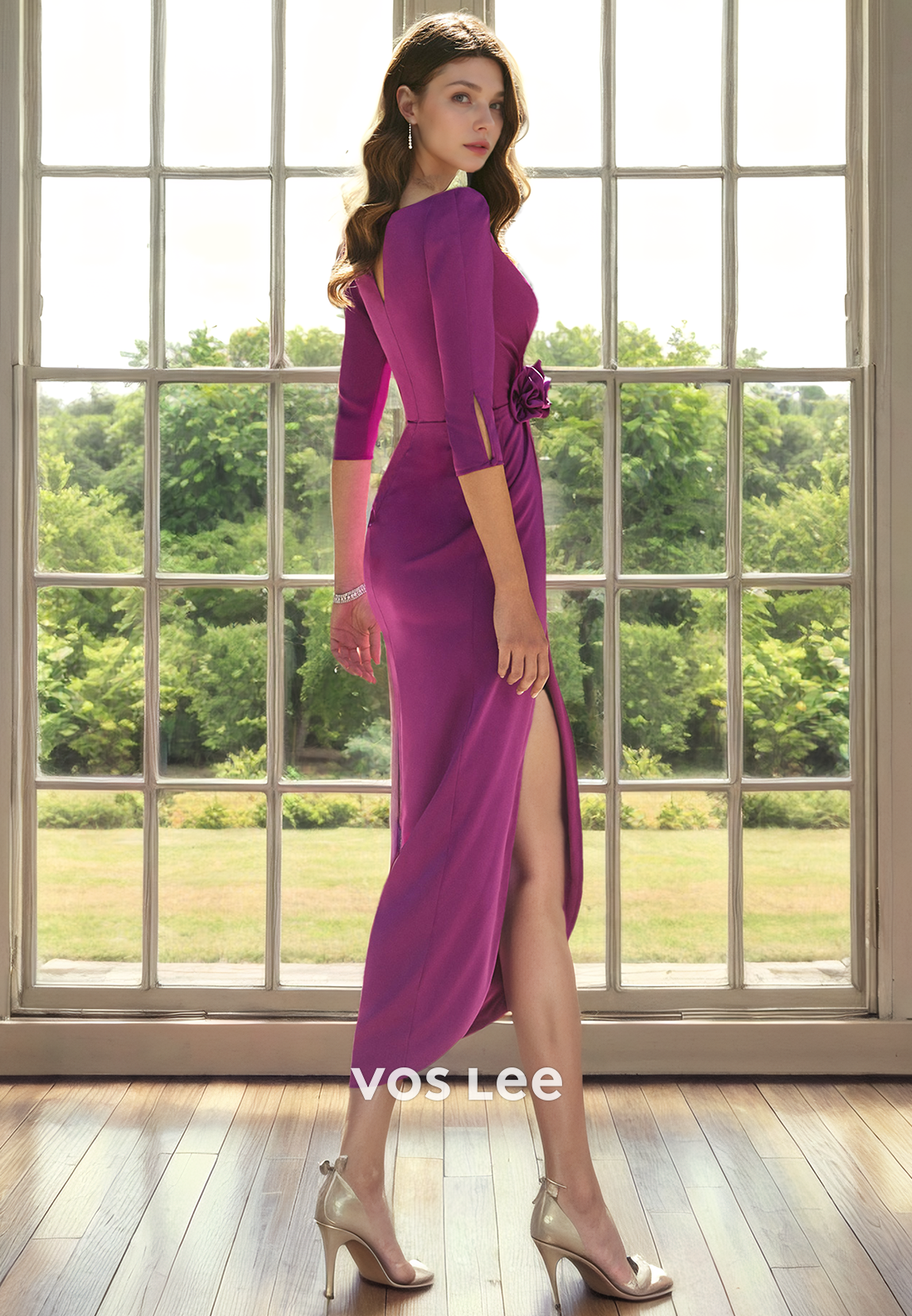 V Neck Modest Pleated Tea Length Mother of the Bride Dress with Half Sleeves