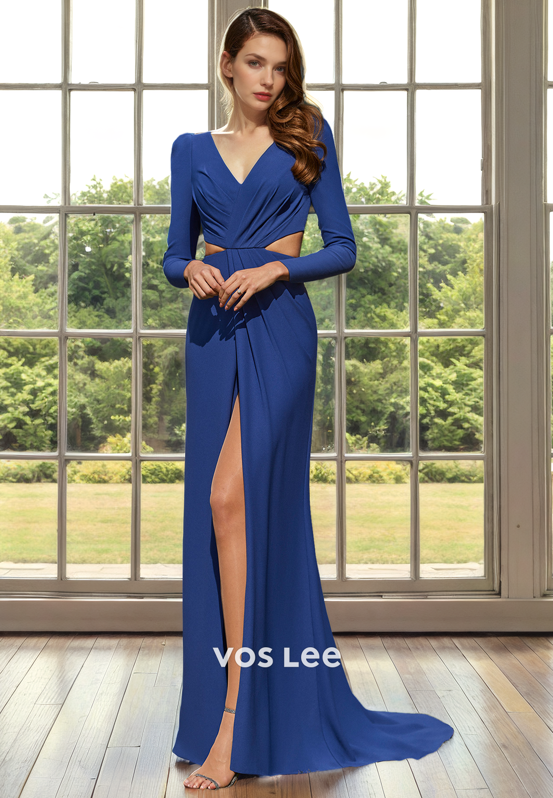 Vintage V Neck Column Floor Length Mother of the Bride Dress with Long Sleeves