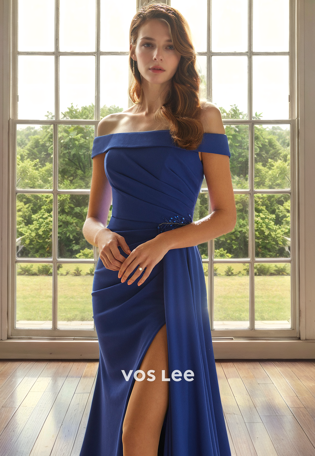Column Formal Off-Shoulder Pleated High Split Mother of the Bride Dresses Floor Length