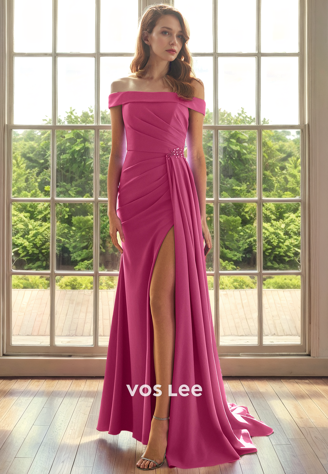 Column Formal Off-Shoulder Pleated High Split Mother of the Bride Dresses Floor Length