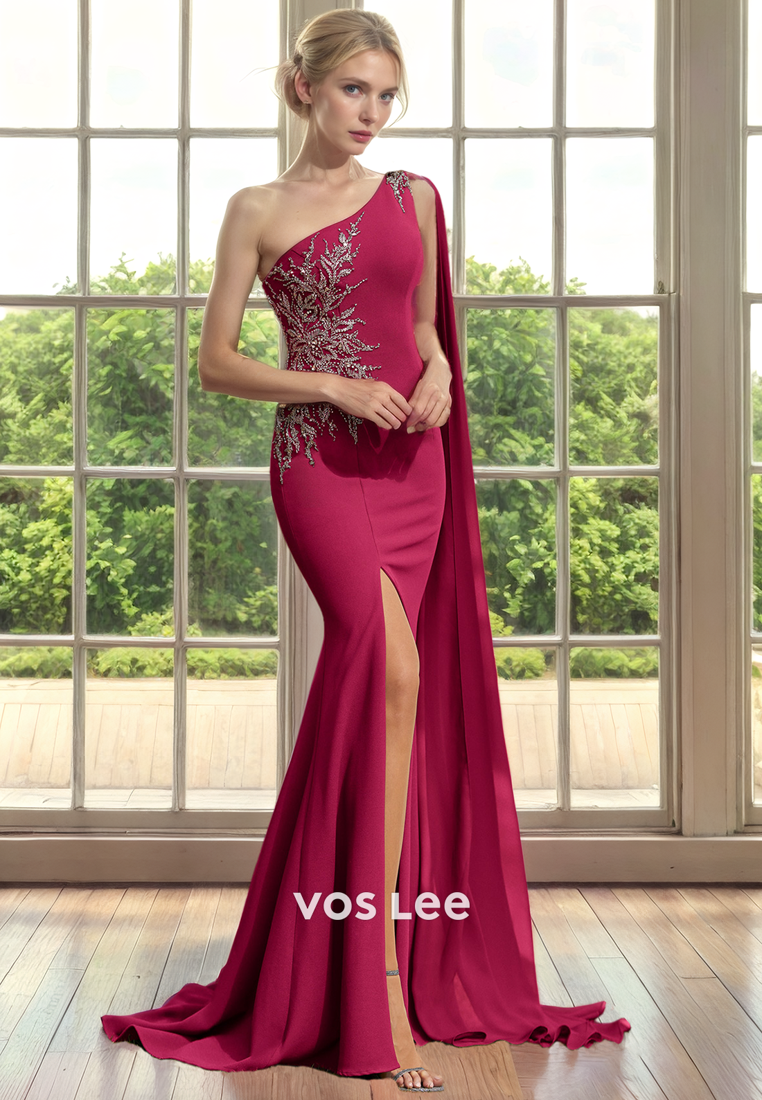 Luxurious One Shoulder Appliqued Mermaid Mother of the Bride Dress with Side Slit