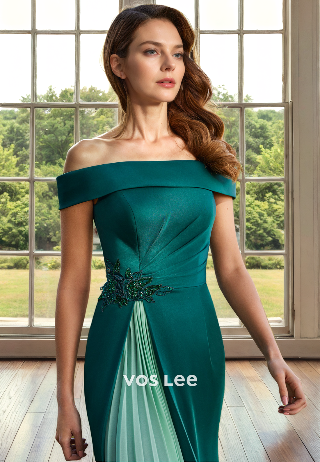 Elegant Green Pleated Mother of the Bride Dress Off-Shoulder Satin Floor Length Cocktail Dresses