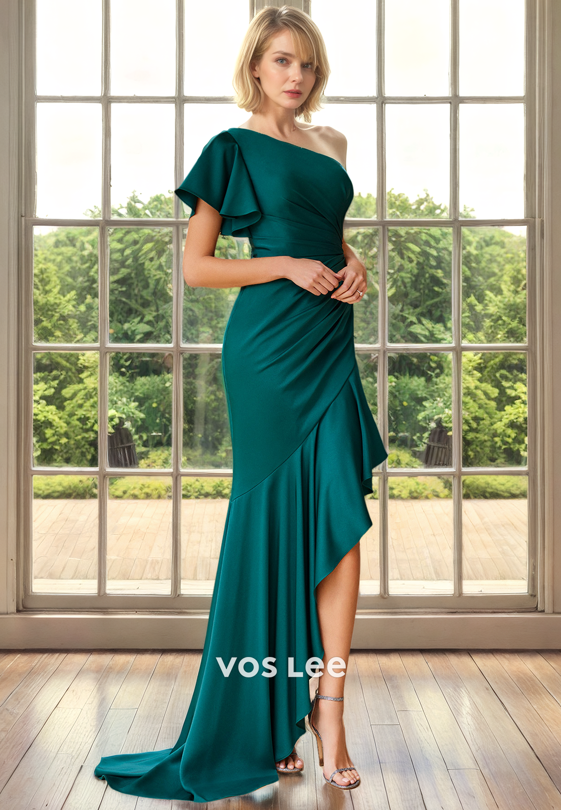 Classy One Shoulder Ruffled Stin Formal Asymmetrical Mother of the Bride Dress
