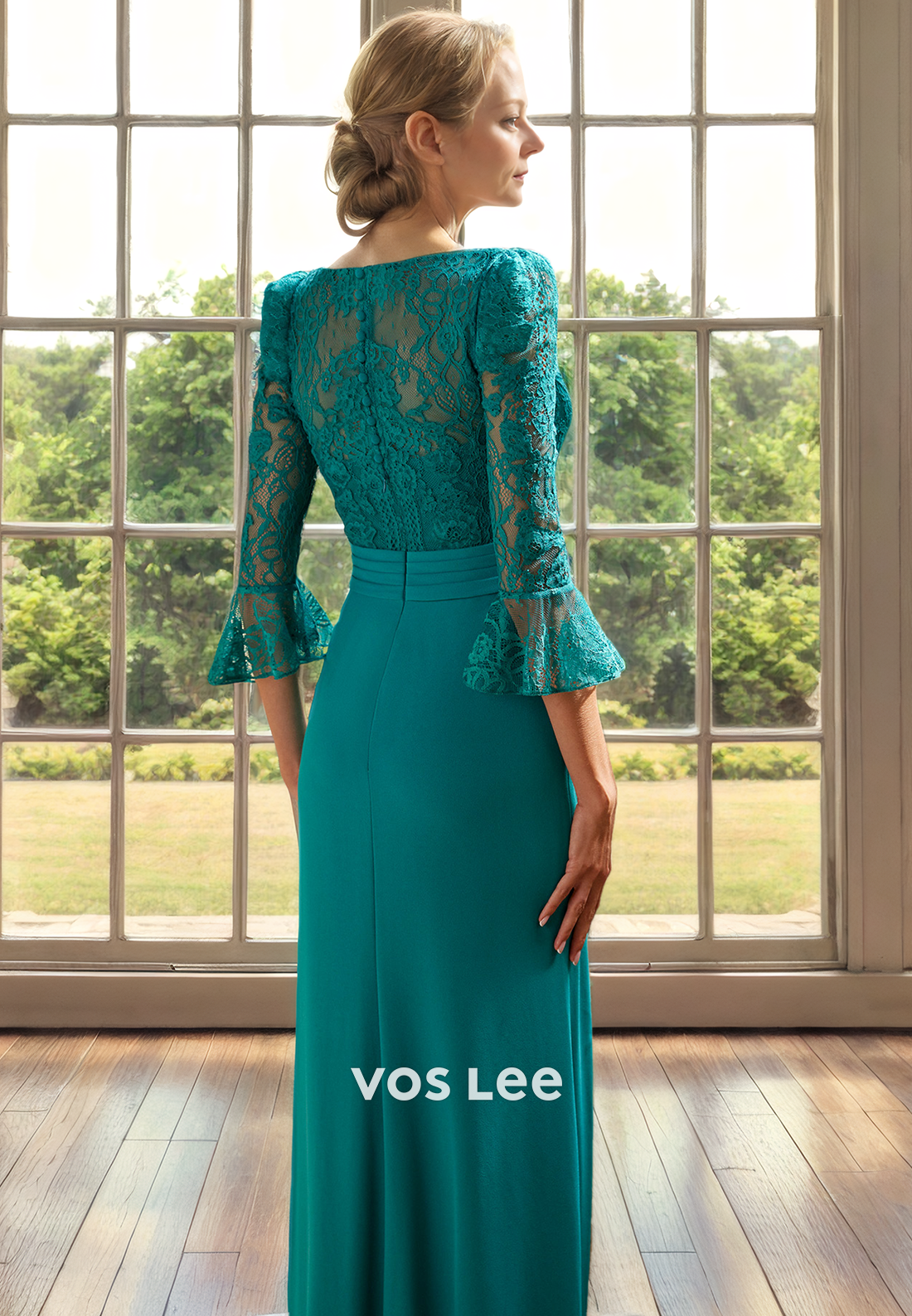Sheath V Neck Long Sleeves Lace Appliques 3D Flower Dark Green Mother of the Formal Dress