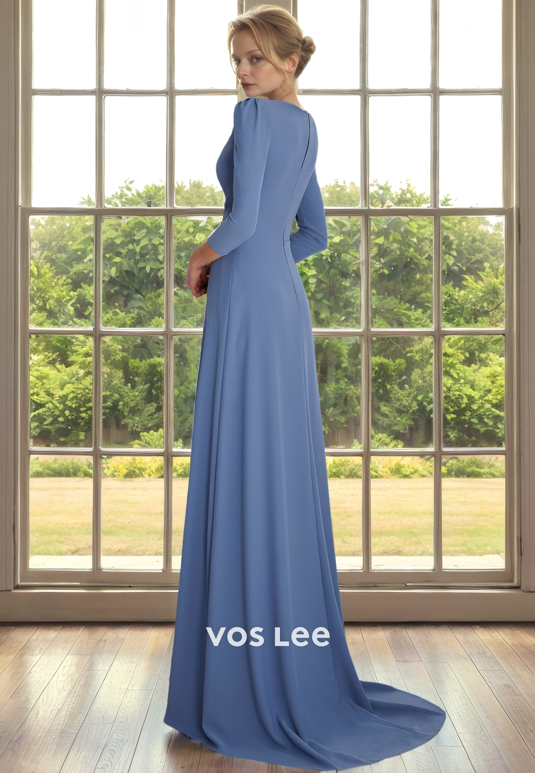 Simple V Neck Long Sleeves Column Ruched Sweep Train Mother of the Bride Dress