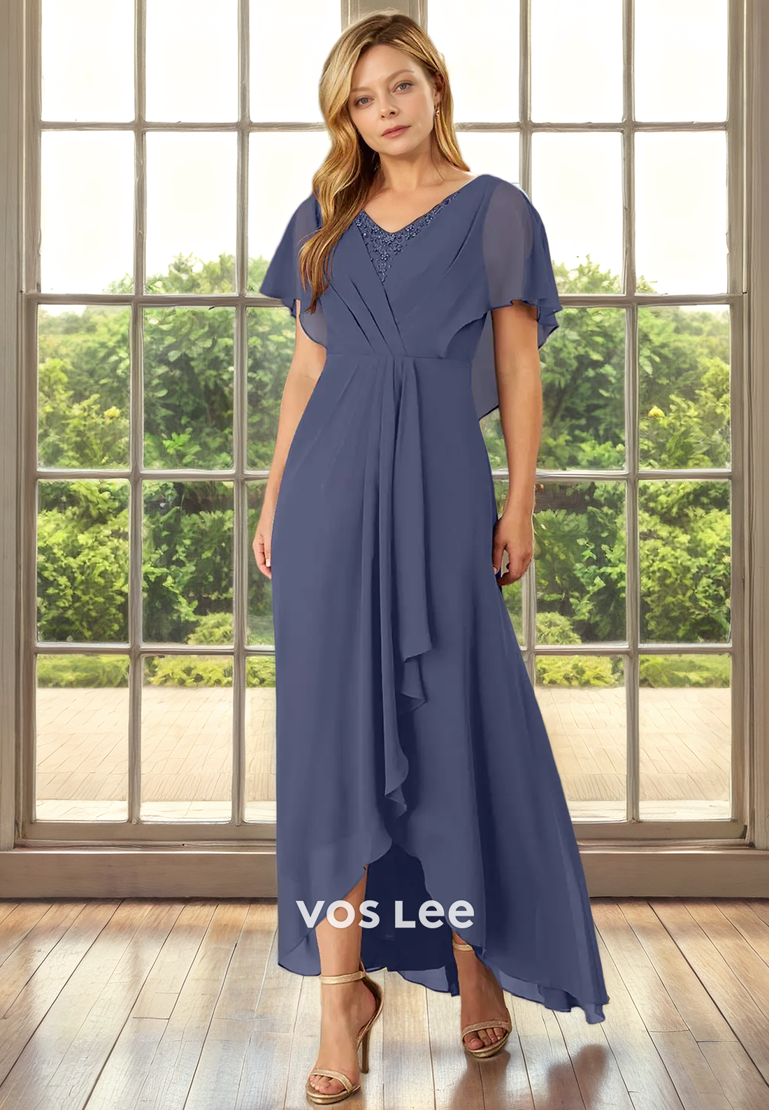 A-Line V-Neck Tea-Length Cap Sleeves Chiffon Mother of the Bride Dress with Cascading Ruffles