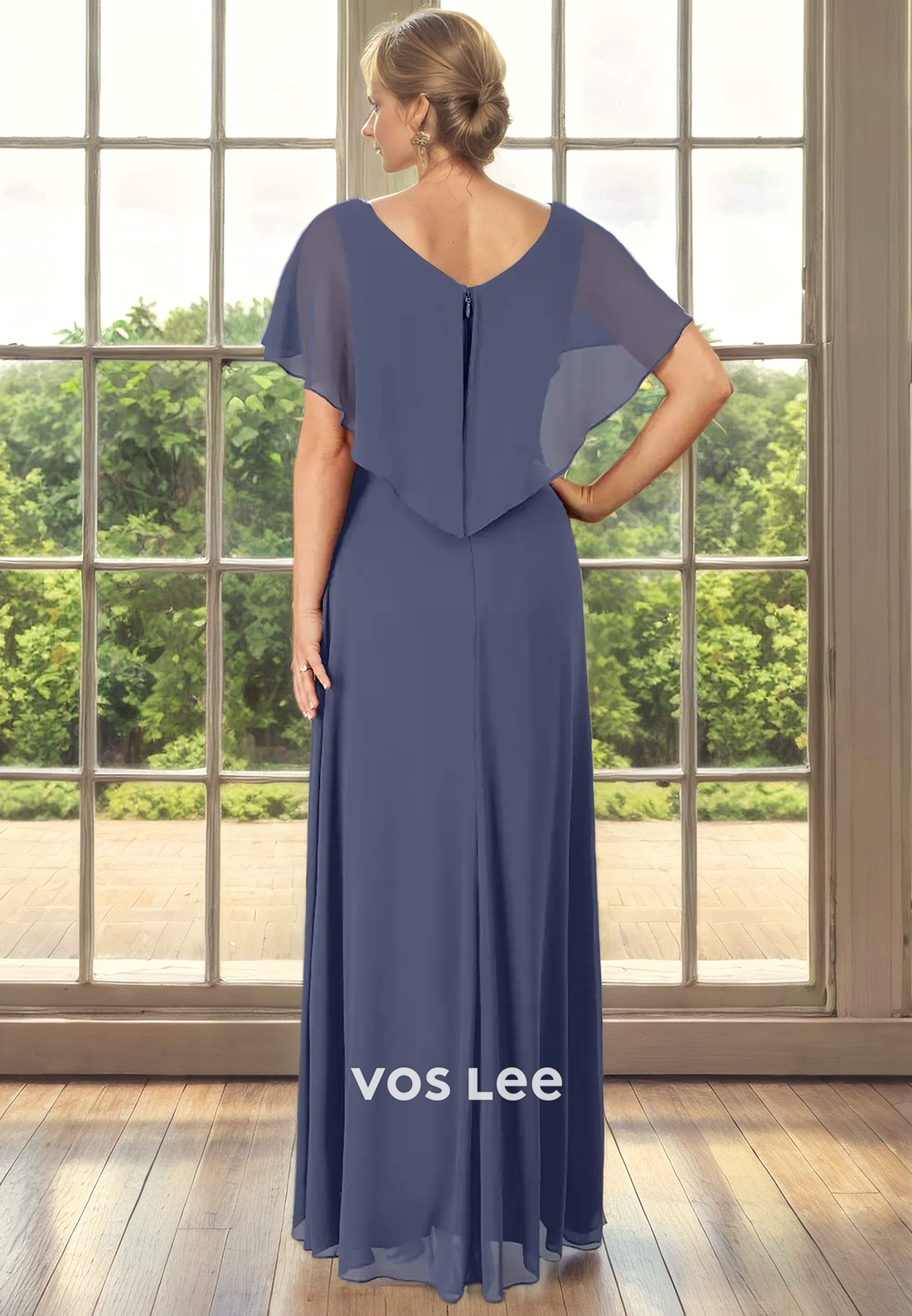 A-Line V-Neck Tea-Length Cap Sleeves Chiffon Mother of the Bride Dress with Cascading Ruffles