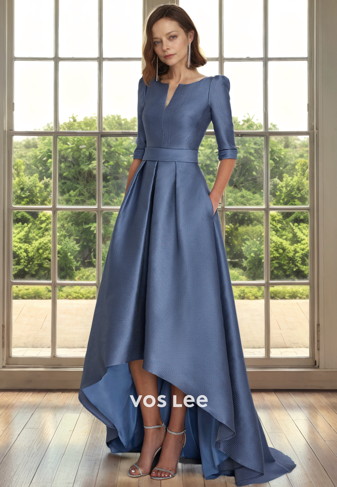Unique A-Line V Neck High Low Long Sleeves Ruched Satin Mother of the Bride Dress