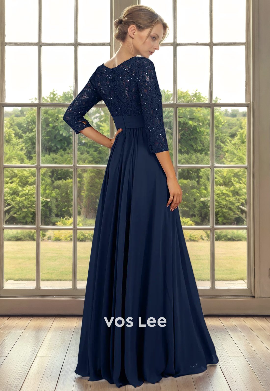 A-Line Bateau Illusion 3/4 Sleeves Floor-Length Lace Chiffon Mother of the Bride Dress with Appliques