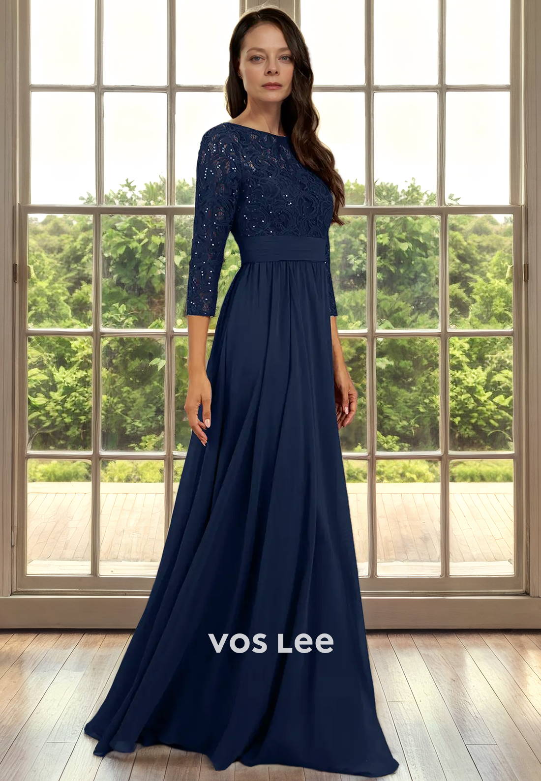 A-Line Bateau Illusion 3/4 Sleeves Floor-Length Lace Chiffon Mother of the Bride Dress with Appliques