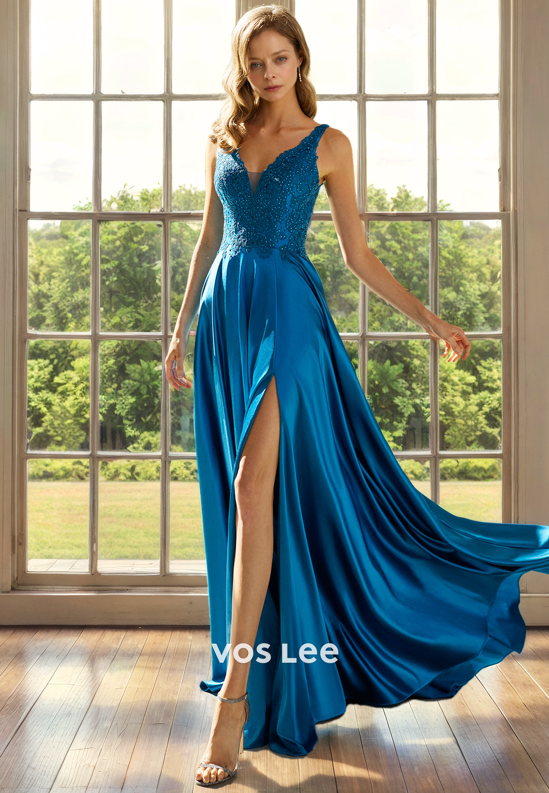 A-Line V-Neck Sleeveless Floor-Length Lace Satin Mother of the Bride Dress with Sequins and Appliques