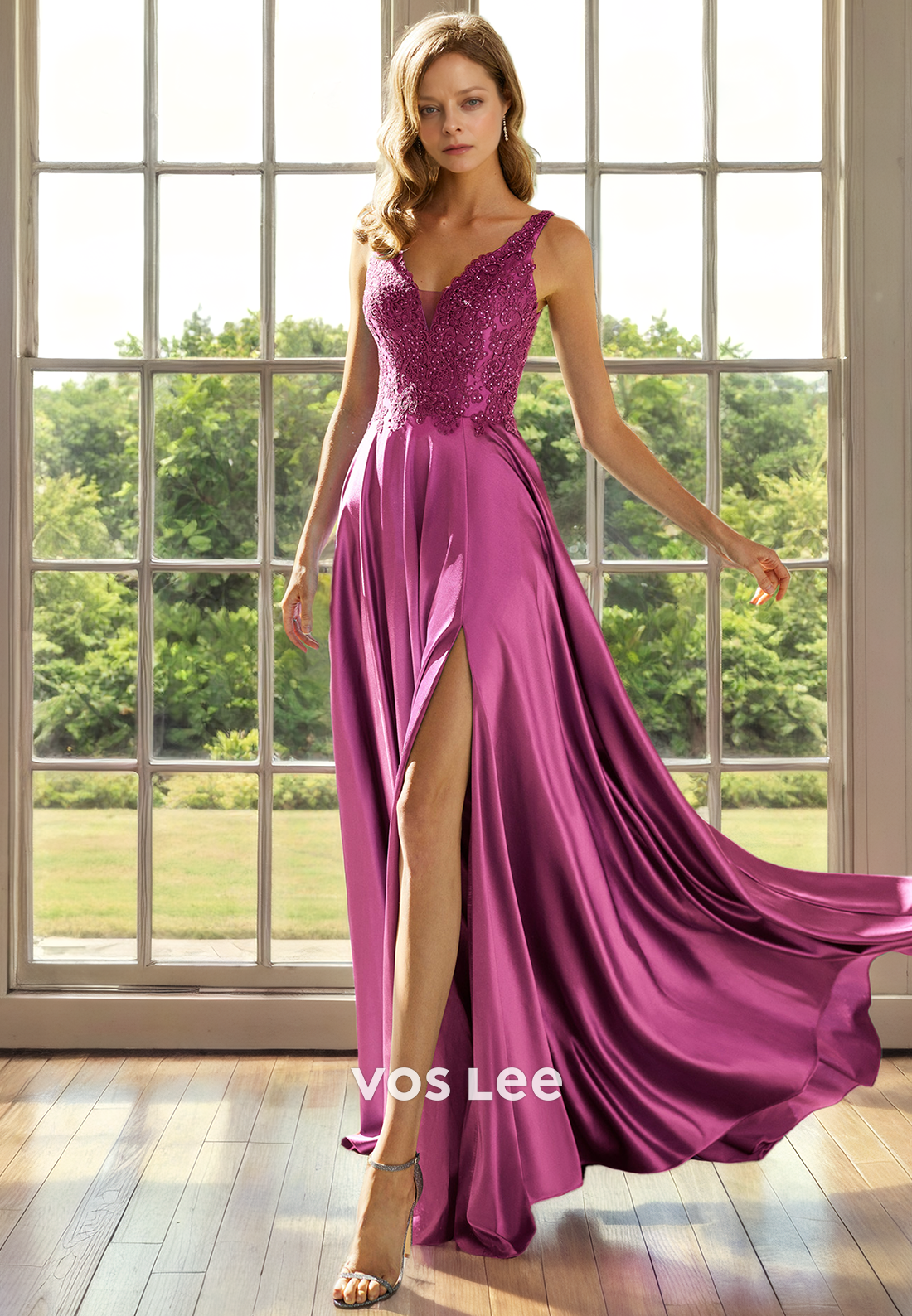 A-Line V-Neck Sleeveless Floor-Length Lace Satin Mother of the Bride Dress with Sequins and Appliques