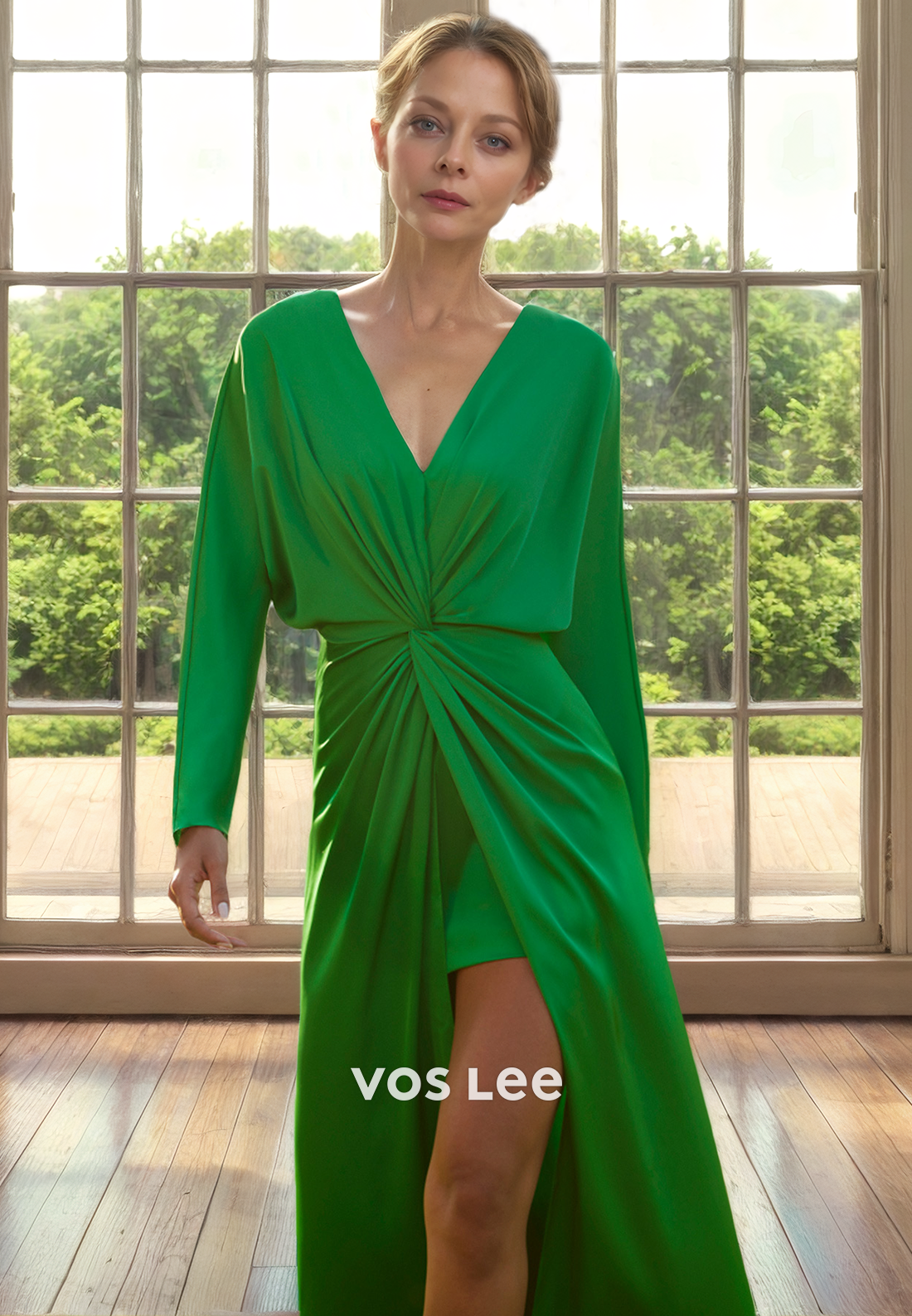 Elegant Sheath V Neck High Split Floor Length Satin Mother of the Bride Dress