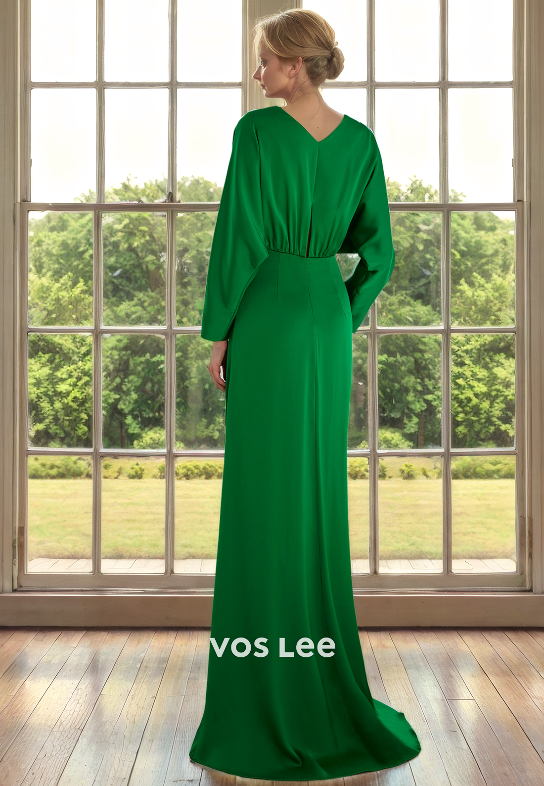 Elegant Sheath V Neck High Split Floor Length Satin Mother of the Bride Dress