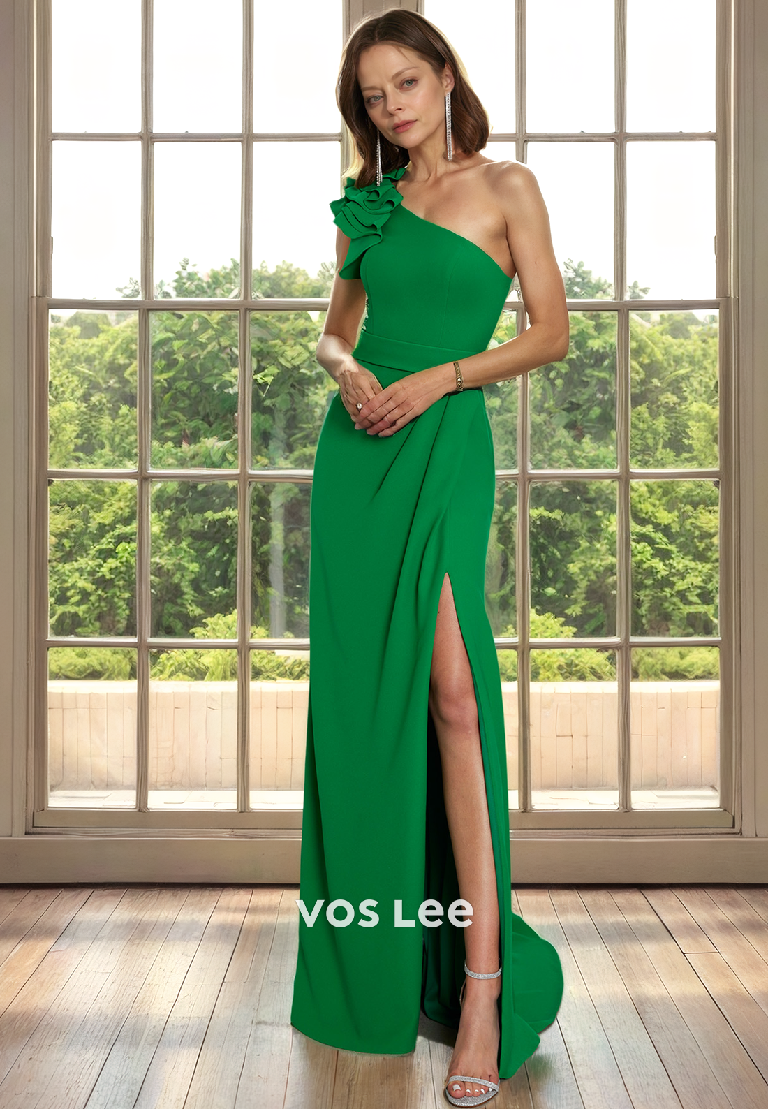 Unique One Shoulder Green Sleeveless Side Split Satin Mother of the Fo VOS LEE Unique One Shoulder Green Sleeveless Side Split Satin Mother of the Fo VOS LEE