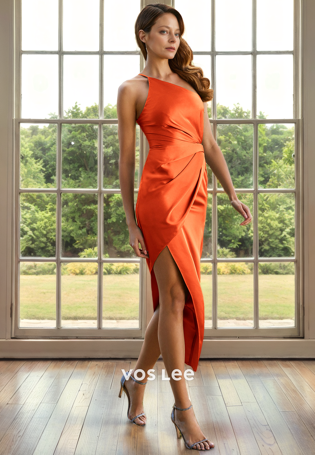 Sheath/Column One Shoulder Sleeveless Tea-Length Pleated Sation Mother of the Bride Dress/Cocktail Dress
