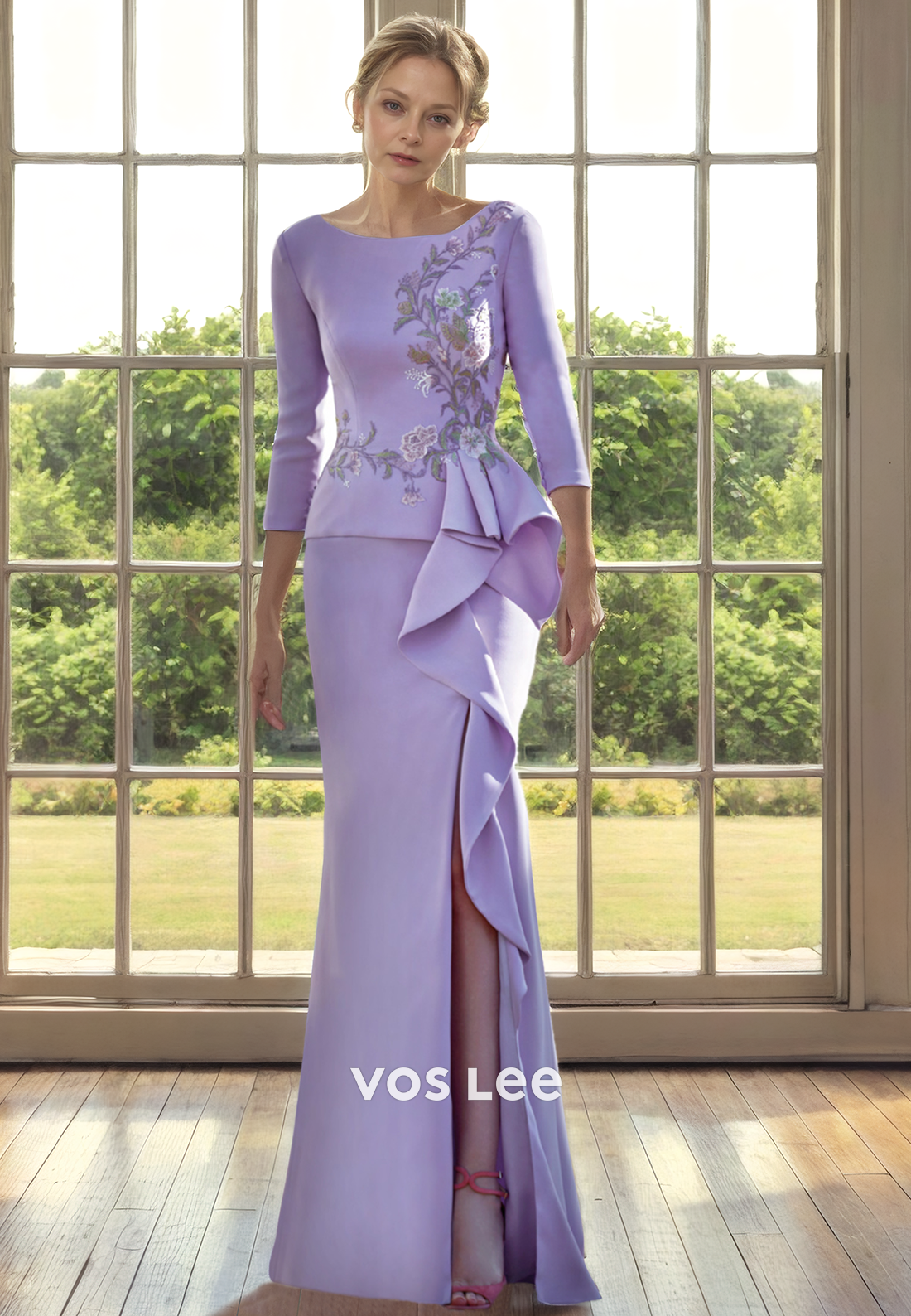 Sheath/Column Scoop 3/4 Sleeves Floor-Length Satin Mother of the Bride Dress with Embroidery