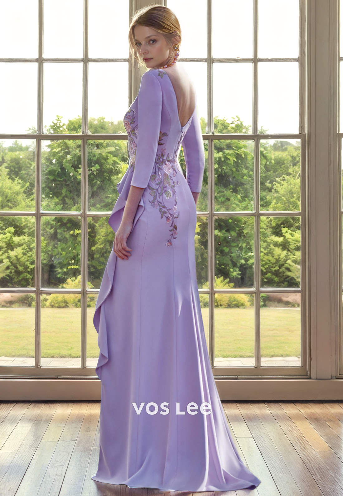 Sheath/Column Scoop 3/4 Sleeves Floor-Length Satin Mother of the Bride Dress with Embroidery