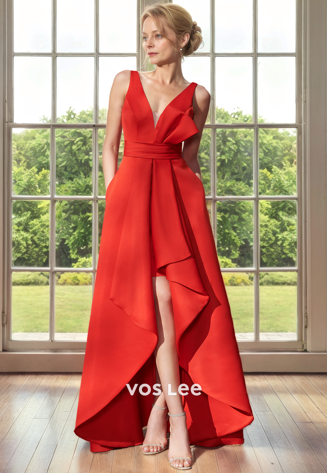 A-Line V-Neck Sleeveless High-Low Satin Mother of the Bride Dress