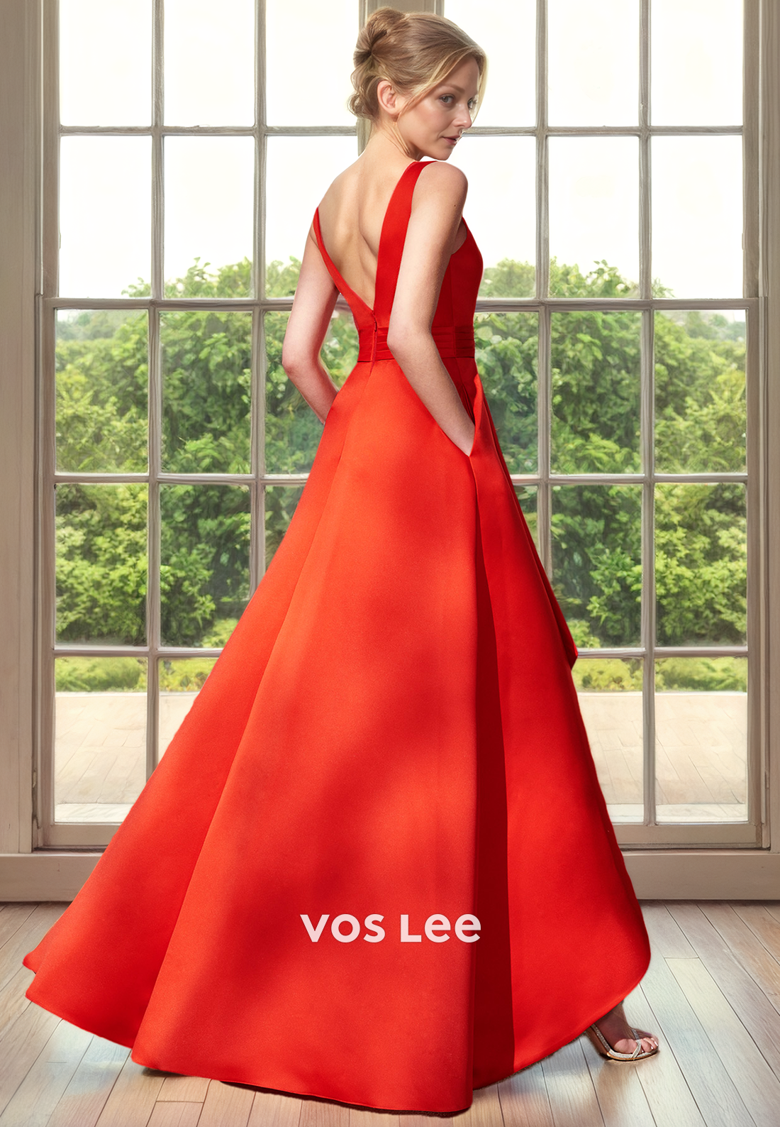 A-Line V-Neck Sleeveless High-Low Satin Mother of the Bride Dress