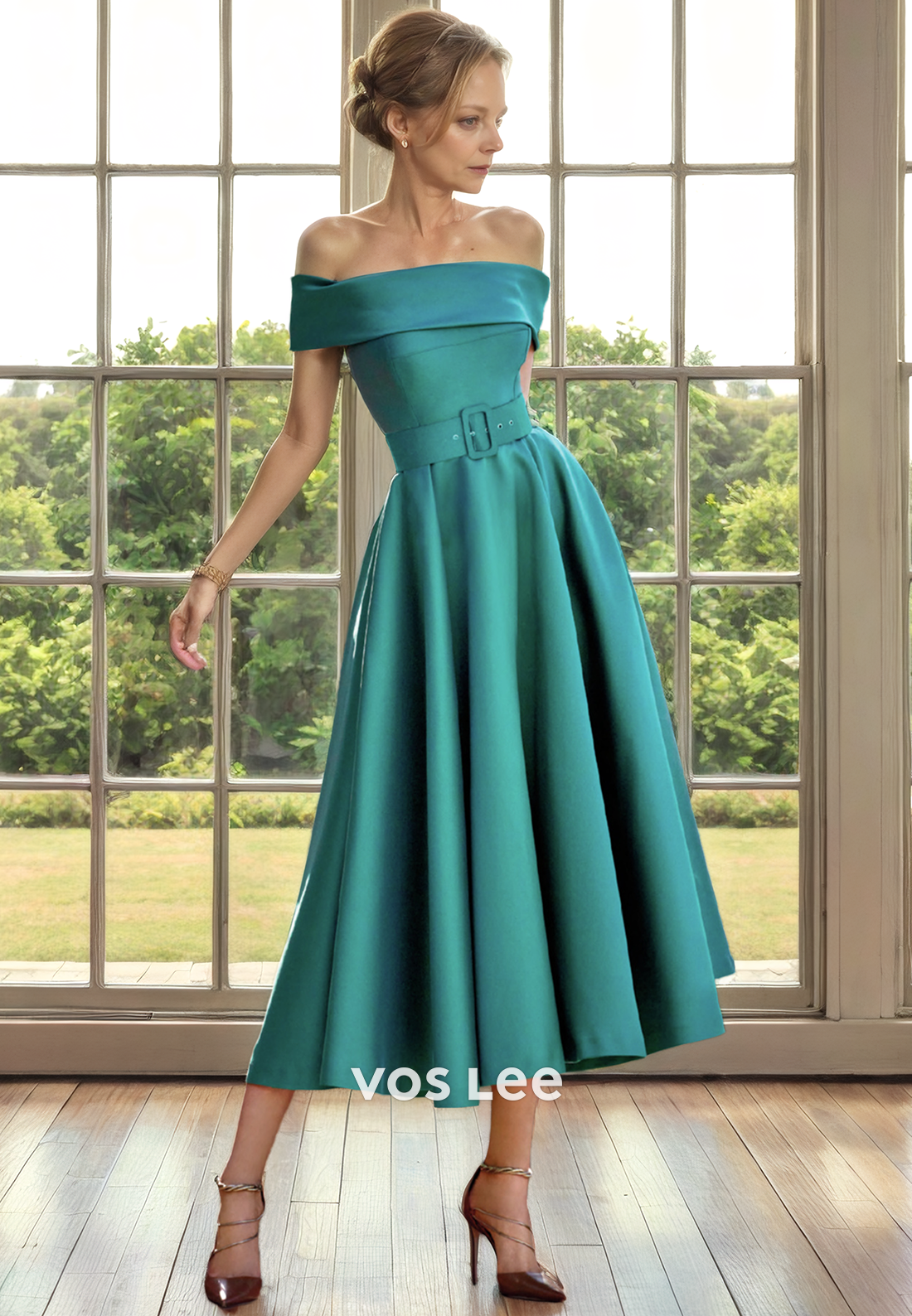 A-Line Off Shoulder Sleeveless Tea-Length Mother of the Bride Dress/Cocktail Dress