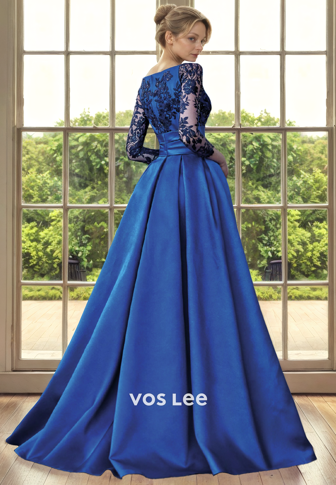 A-Line V-Neck Illusion 3/4 Sleeves Sweep Train Satin Mother of the Bride/Groom Dress with Applique Lace