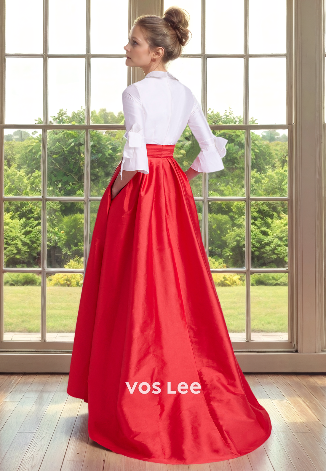 Elegant A-Line V Neck Long Sleeves Buttons Sweep Train Pleated Mother of the Formal Dress